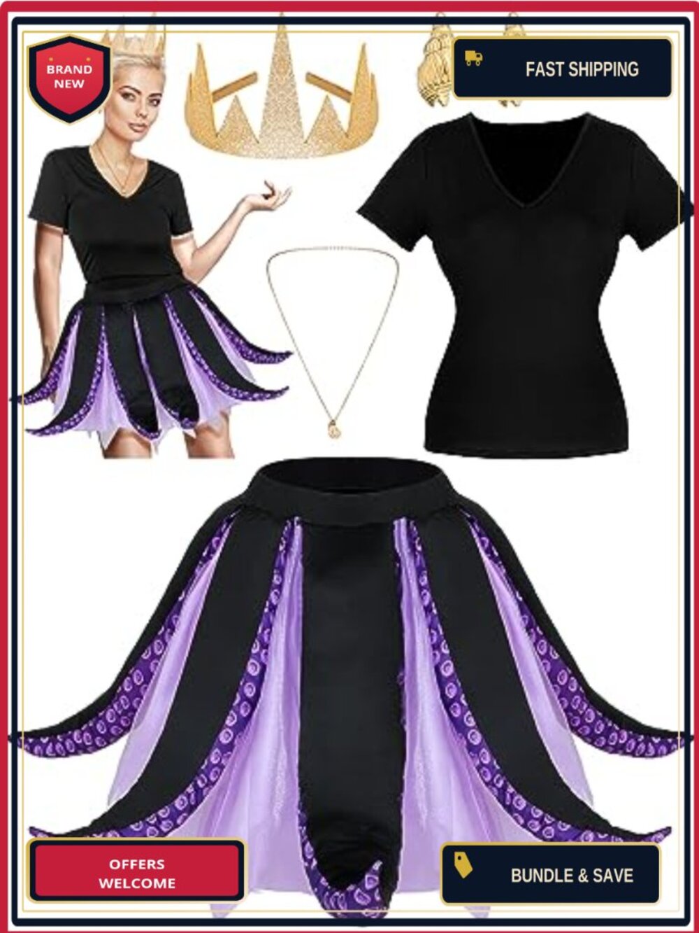 Complete Witch Halloween Costume Set Short Sleeve Crown Earrings Necklace Skirt